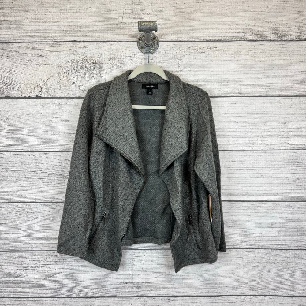 Halogen Women's Gray Wool Blend Knit Moto Style Jacket Size XL Petite